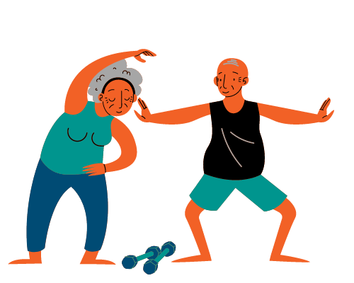 Illustration of an older male and female stretching. Purpose is to show quality of life during retirement.