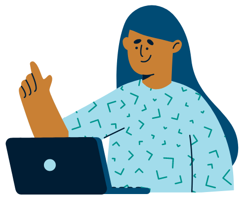 Illustration of a woman seated at table with an open laptop. Her finger is pointed up to indicate positive result.