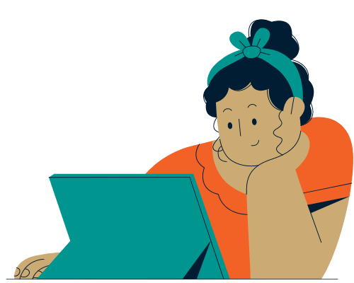 Illustration of a woman seated viewing a laptop computer