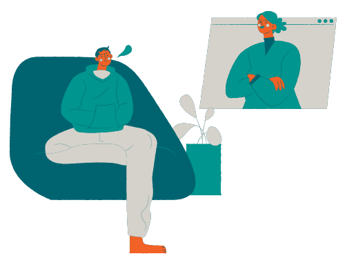Illustration of counseling session where person sitting in chair and another with arms-crossed.