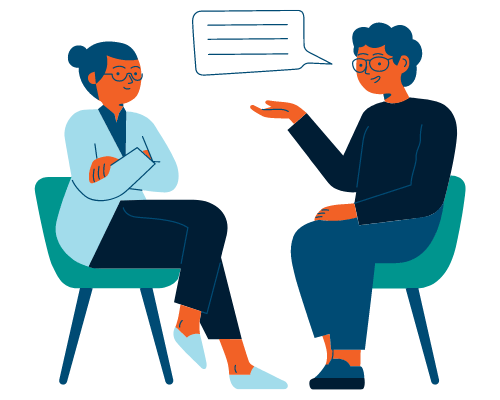 Illustration of a doctor and patient. Both are seated and a speech bubble is showing the patient speaking