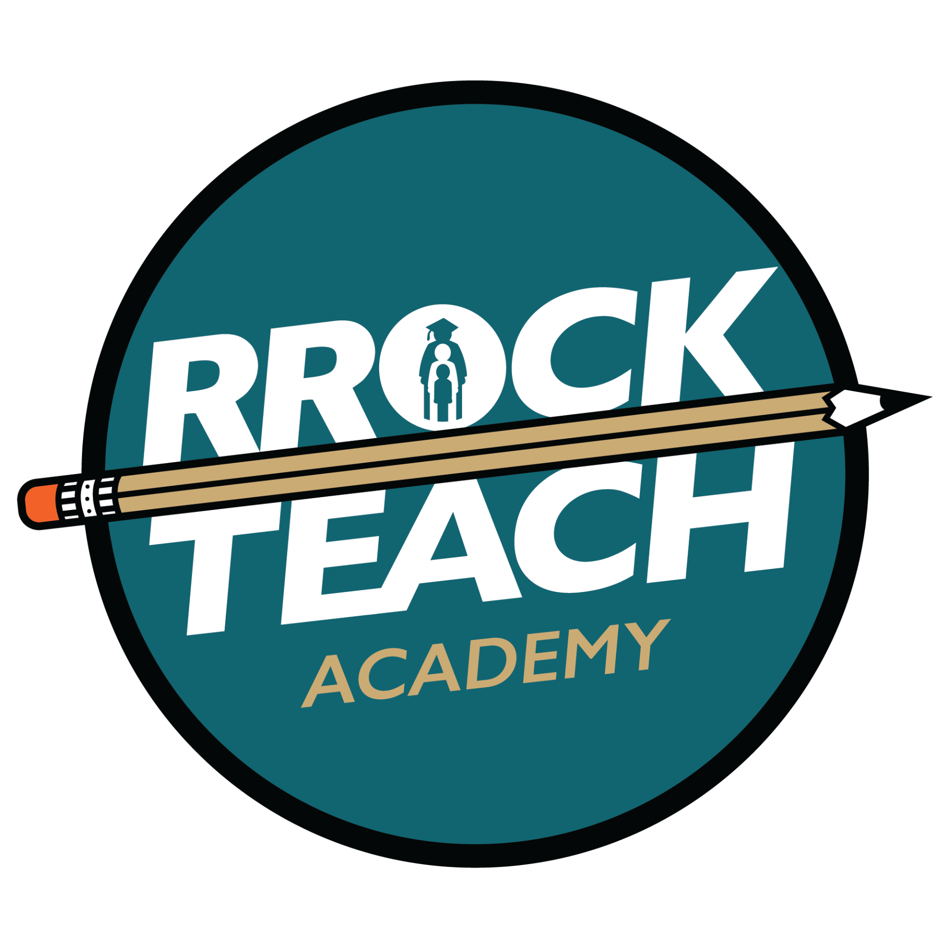 Image is the Round Rock Teach Academy logo, a circle with a pencil through it that says R.R.O.C.K. Teach.